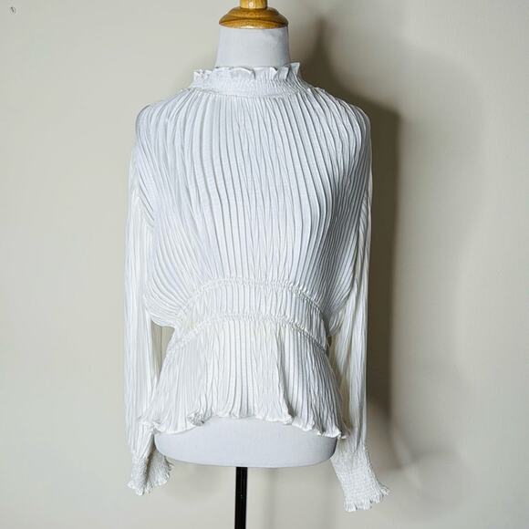 Zara White High Neck Smocked Blouse - Picture 2 of 6